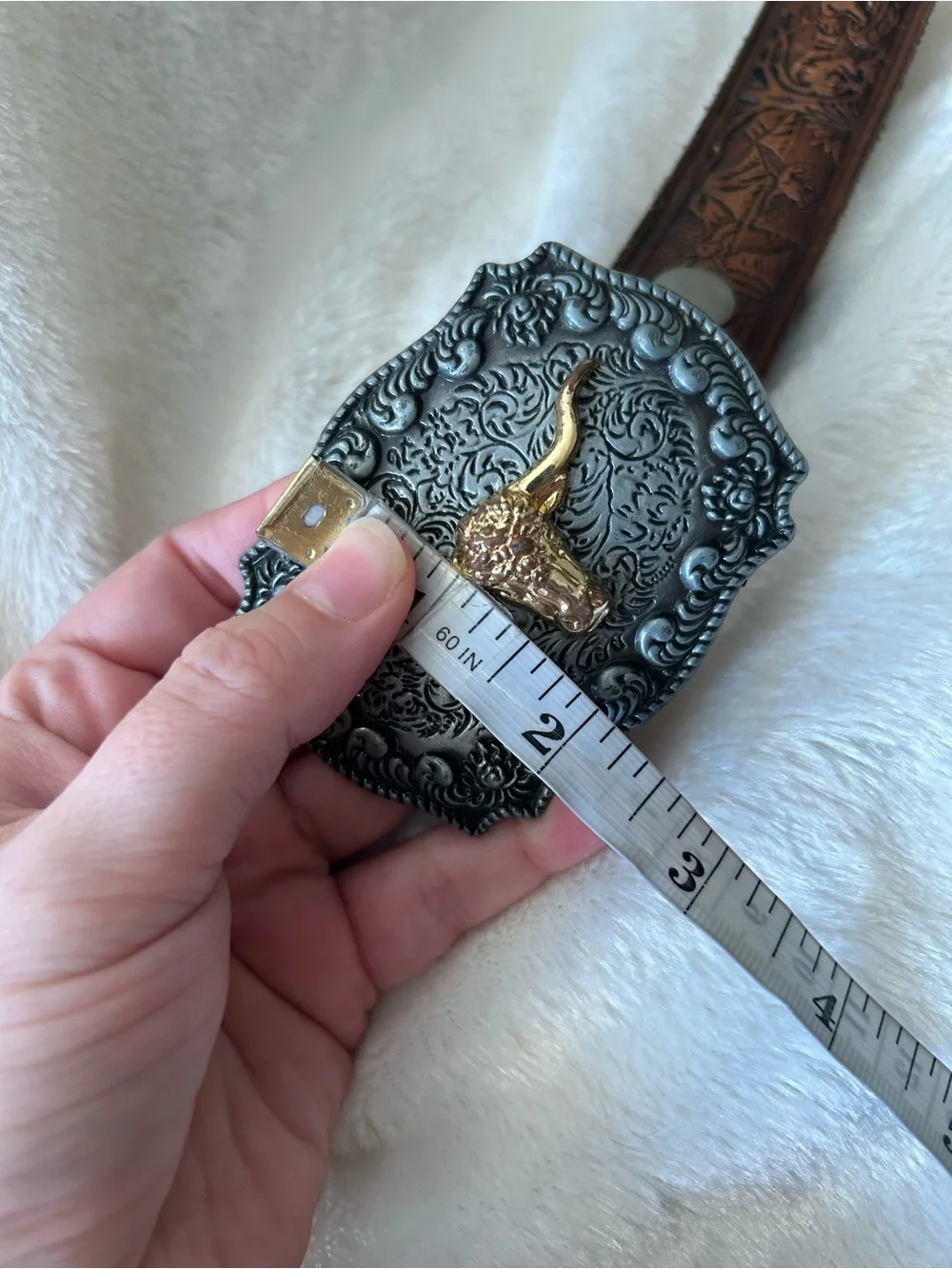 Brown tooled leather silver buckle western style belt size 28 hunting